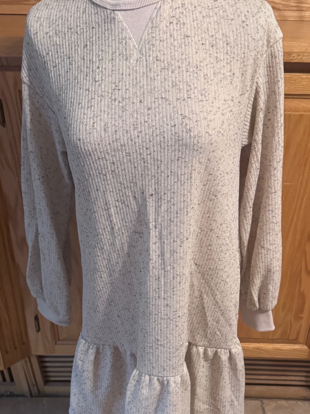 Women's Shein Medium Cream Sweater Dress Ruffly Flowing Bottom Crew Neck